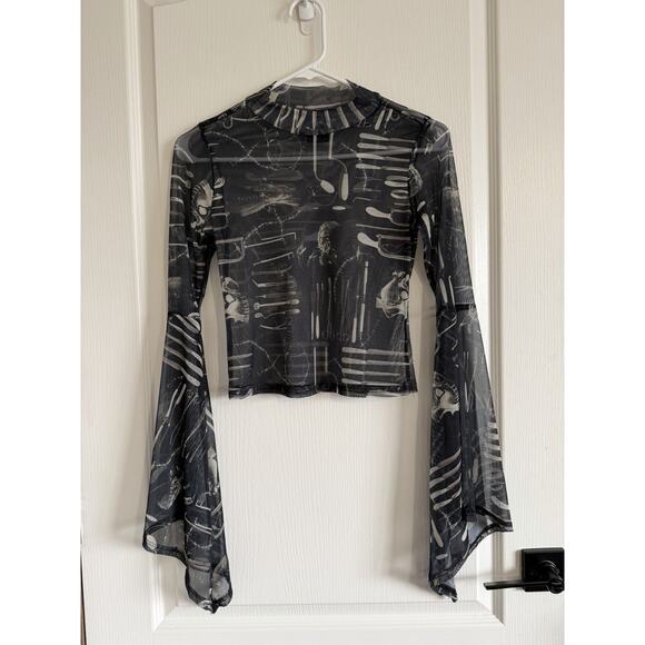 Social Collision Tops - Social Collision Women Mesh Top Goth Medical Skull S Black Bell Sleeve Mock Neck